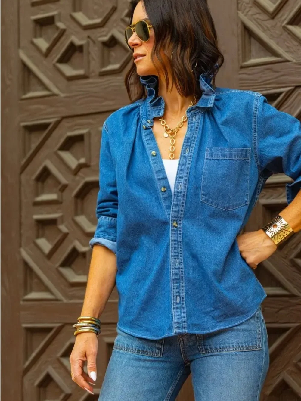 KML Ruffled Collar Denim Button-Up Shirt - Blue Size L - Picture 8 of 10